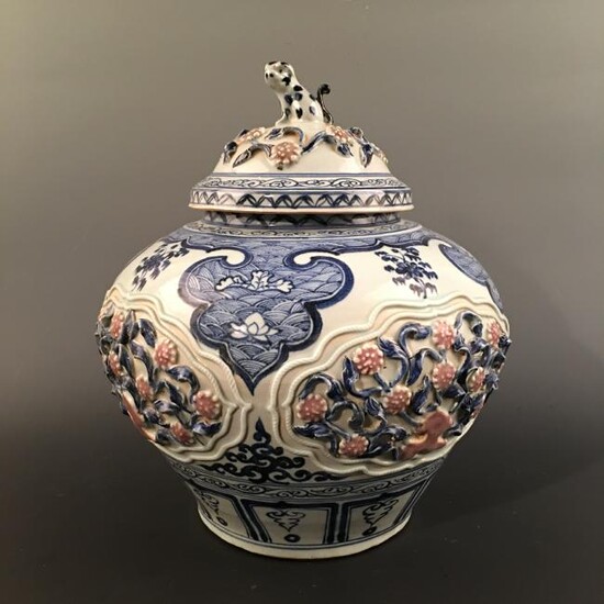 Chinese Blue-White Copper Red 'Floral' Jar and a Cover