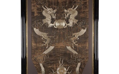 An embroidered satin "Dragons" panel Probably Japanese, depicting a...