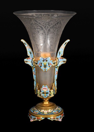 A champlevé enamelled and gilt metal mounted engraved glass vase in the manner of examples by Maison