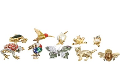 10 Assorted Costume Jewelry Figure Pins: KJL Penguin, Frog, Owl, Bee, Hummingbird, Cat, Parrot