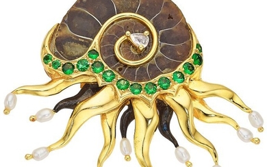 10017: Ammonite, Diamond, Tsavorite Garnet, Gold Earrin