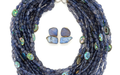 Multistrand Iolite and Abalone Shell Necklace and Pair of Sterling Silver and Hardstone Earrings