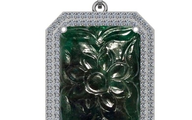 103.57 Ctw SI2/I1 Emerald And Diamond 14K White Gold Vintage Style Necklace
