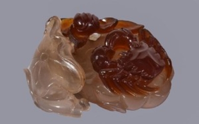 A Chinese agate 'crab and lotus' carving
