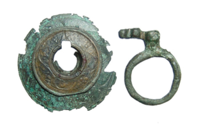 A Roman bronze key and decorative lock cover