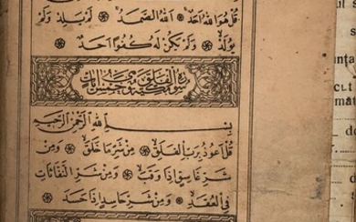 Коран на арабском языке. Размер: 11x18см. Подклейка корешка и обложки тканью. Потёки, надрывы.