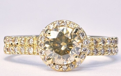 1.34 ct Natural Fancy Intense Yellowish Gray VS2 - 14 kt. Yellow gold - Ring - 1.02 ct Diamond - Diamonds