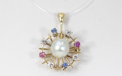 14 kt. Gold - Brooch, Pendant Pearl - Diamonds, Rubies, Sapphires