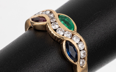 14 kt gold brilliant-coloured stone-ring , YG 585/000, 12 brilliants...