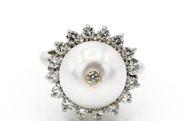 14K White Gold Diamond and Pearl Ring