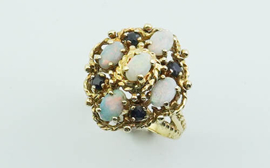 14K YELLOW GOLD, SAPPHIRE AND PRECIOUS WHITE OPAL CABOCHON RING....