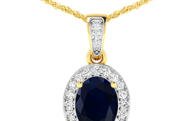 14KT Yellow Gold 1.30ct Blue Sapphire and Diamond Pendant with...