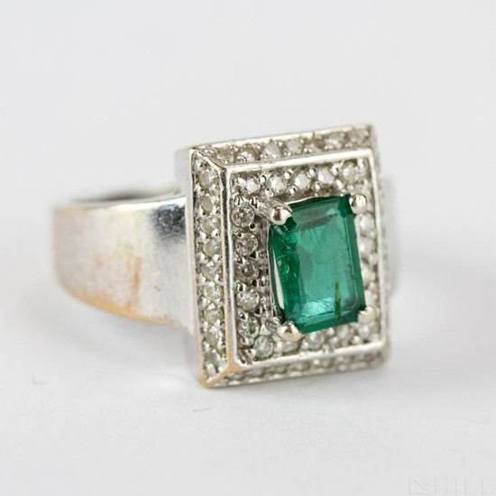 14k White Gold Green Emerald & Diamond Ring Sz 6.5