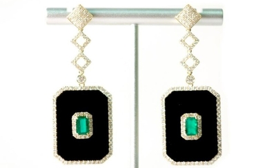 14k YG 1.14ct Emerald, Onyx & Diamond Earrings