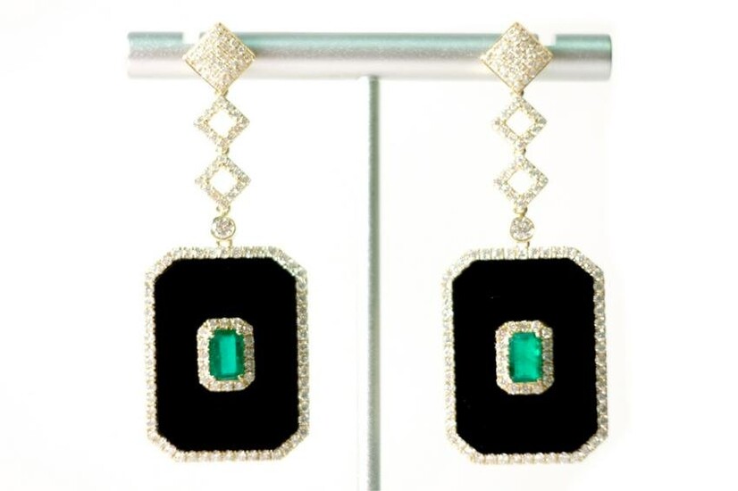 14k YG 1.14ct Emerald, Onyx & Diamond Earrings