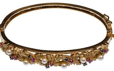 14k Yellow Gold, Pearl, Sapphire and Ruby Hinged Bangle Bracelet