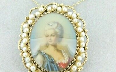 14k Yellow Gold Pendant with Hand Painted Portrait and Pearls