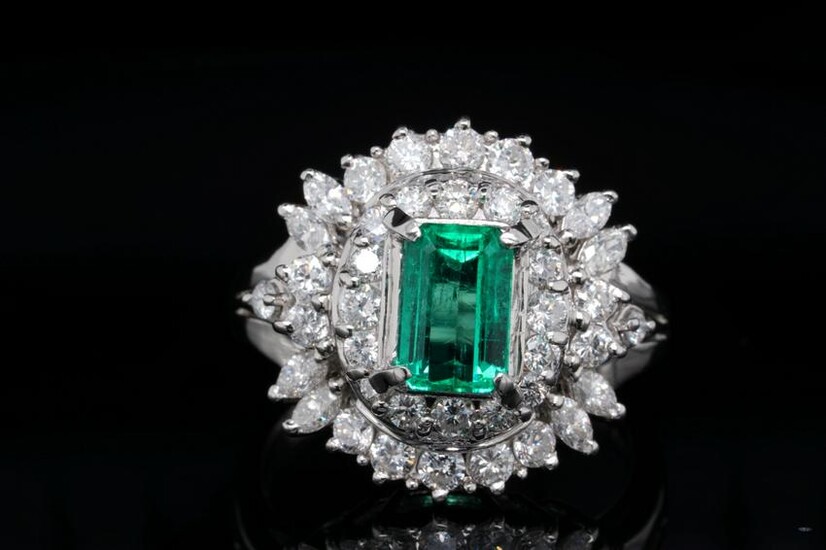 1.50ctw Diamond, 1.15ct Emerald & Platinum Ring