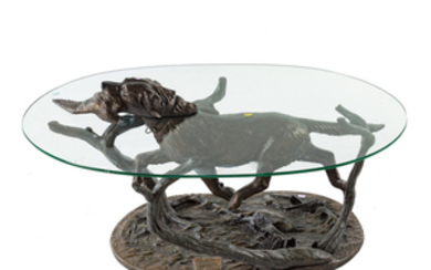 Hunting dog glass top coffee table