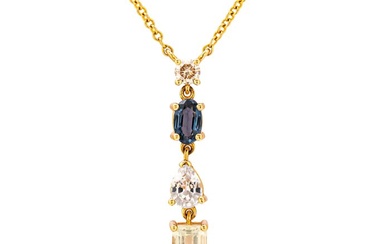 1.62 tcw Spinel Pendant - 14 kt. Yellow gold - Necklace with pendant - 0.29 ct Spinel - 1.23 ct Sapphires + 0.10 ct Diamond - No Reserve Price