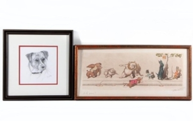 A 20th century canine themed French print and a pencil drawing of a dog both signed illegibly lower right.