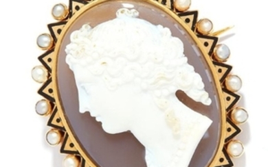 ANTIQUE CARVED CAMEO, PEARL AND ENAMEL BROOCH in high