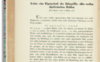 CANTOR, Georg (1845-1918). ''Ueber eine Eigenschaft des Imbegriffes aller reellen algebraischen Zahlen'' in Journal für die reine und angewandte Mathematik. Berlin: Georg Reimer, 1874.