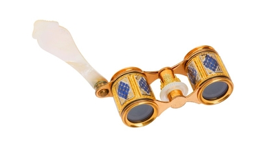 A cased pair of early 19th century gilt metal, mother of pearl and enamel opera glasses, circa 1830