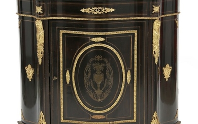 An ebony veneered Napoleon III credenza with brass inlays and gilt-bronze mountings. Marble top. France, ca. 1870. H. 107 cm. W. 114 cm. D. 44.