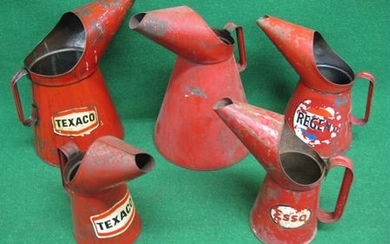 Five large metal oil pourers for Texaco, Esso and Regent