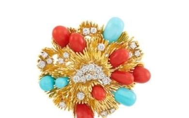 Gold, Platinum, Diamond, Coral and Turquoise Clip-Brooch, Tiffany & Co.