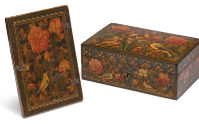 A LACQUERED WOOD JEWEL BOX AND PAPIER-MACHÉ MIRROR CASE, QAJAR IRAN, FIRST HALF 19TH CENTURY