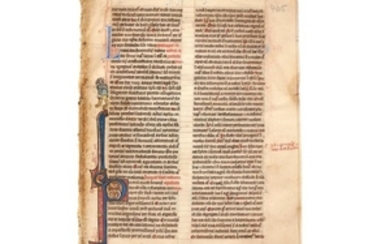 Leaves from an English pocket Bible with a human drollery and a large illuminated initial, in Latin, manuscript on parchment [England (probably Oxford), second half of thirteenth century]