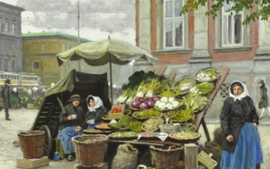 Paul Fischer: Vegetable stalls at Højbro Plads. Signed Paul Fischer. Oil on panel. 32 x 39 cm.