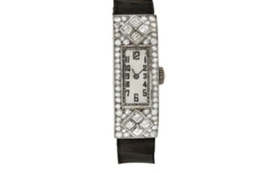 Platinum, Diamond and Sapphire Bar Pin and Art Deco Platinum and Diamond Wristwatch