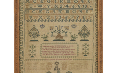 A SCOTTISH EMBROIDERED SAMPLER DATED 1839 with polychrome peacocks,...