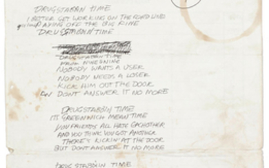 A set of Joe Strummer's handwritten lyrics for The Clash's "Drug-Stabbing Time"