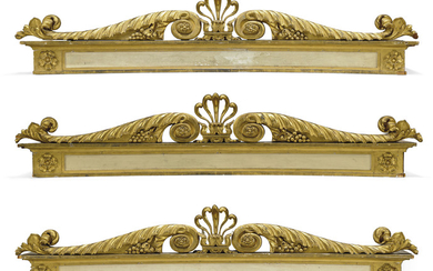 A SET OF THREE GEORGE IV PARCEL-GILT AND WHITE PAINTED WINDOW CORNICES, CIRCA 1812, PROBABLY DESIGNED BY GEORGE WYATT, ADAPTED