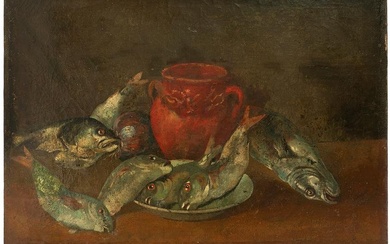 17th century Spanish school. "Still life with fish". Oil on panel. The painting has craquelure.