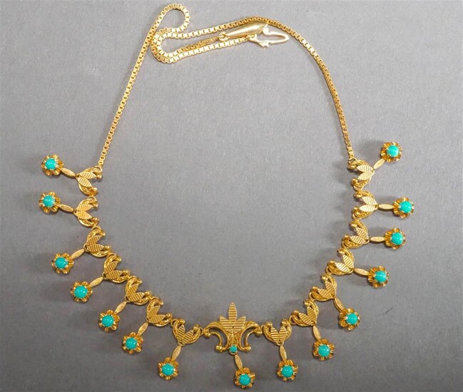 18-Karat Yellow-Gold and Turquoise Tassel Necklace, 19.1 gross dwt, L: 15-1/4 in