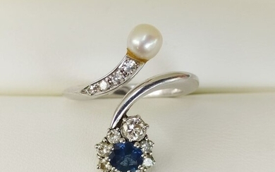 18 kt. Gold, Natural pearl, White gold - Ring - 0.40 ct Sapphire - Diamonds, Pearl