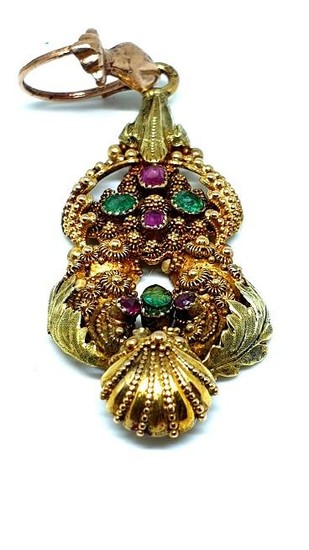 18 kt. Pink gold, Yellow gold - Pendant - 0.15 ct Ruby - Emeralds