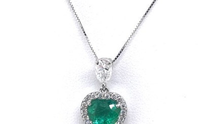 18 kt. White gold - Necklace - 1.02 ct Emerald - Diamonds