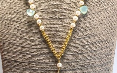 18 kt. Yellow gold - Necklace with pendant - Pearls, Green agate, Malachite, Chalcedony