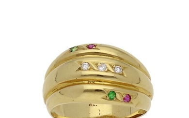 18 kt. Yellow gold - Ring Diamond - Emerald, Ruby
