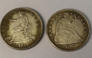 1862 & 1877 US SILVER ONE DOLLAR COINS.