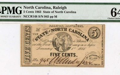 1863 5 Cents FIVE CENTS Obsolete NCCR148 PMG CU 64 EPQ