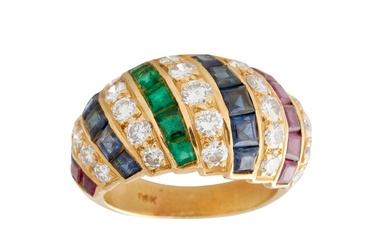 18CT GOLD, SAPPHIRE, RUBY, EMERALD AND DIAMOND RING