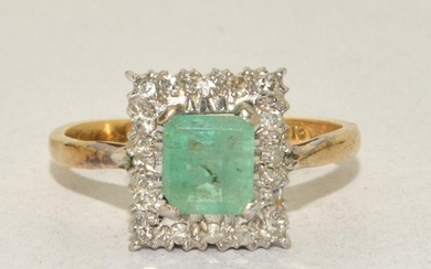 18ct gold ladies Emerald and diamond square face ring in a h...