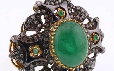 18k Gold & Silver Cabochon Natural Emerald & Diamond Ring 11.7g. Total Weight